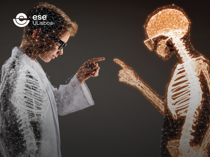 menino de bata branca e esqueleto